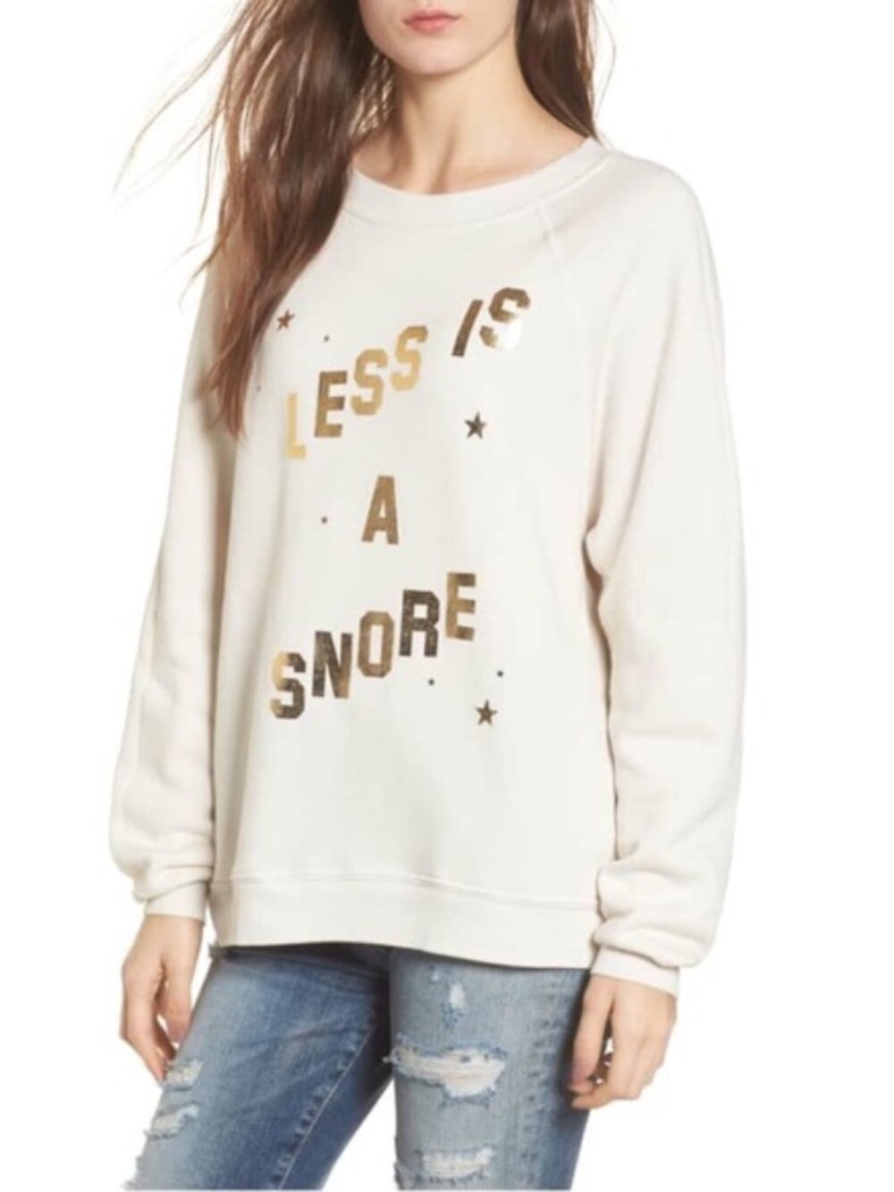 Wildfox Sommers Fleece Sweatshirt Less is a Snore Ivory Gold Metallic Medium NEW